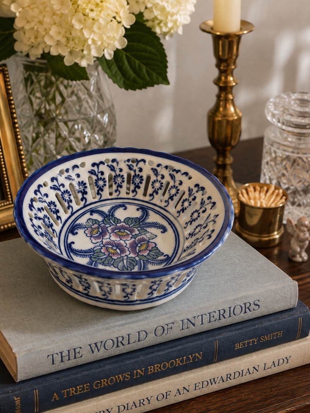 Blue & White Pierced Porcelain Bowl Chinoiserie Ceramic Grandmillennial Decor